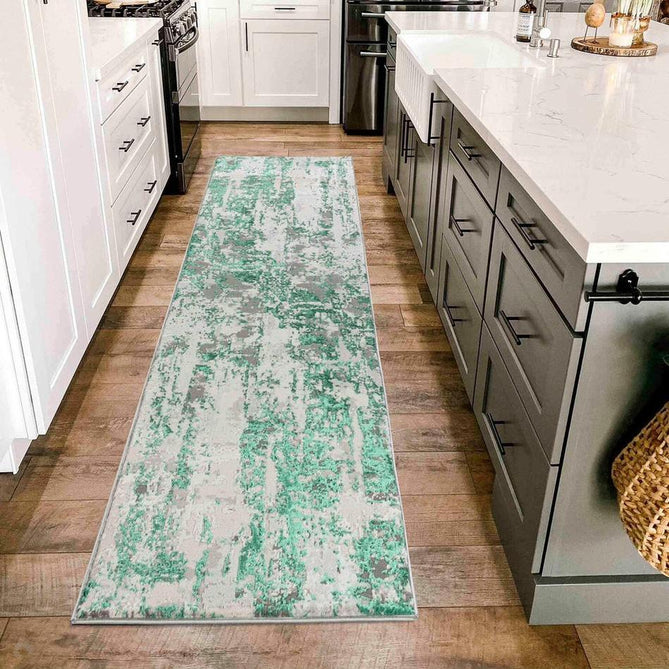 Emperor 320 Styra EMP20 Modern Abstract Distressed Metallic Shimmer Soft Textured Hi-Lo Polyblend Short Pile Aqua Runner