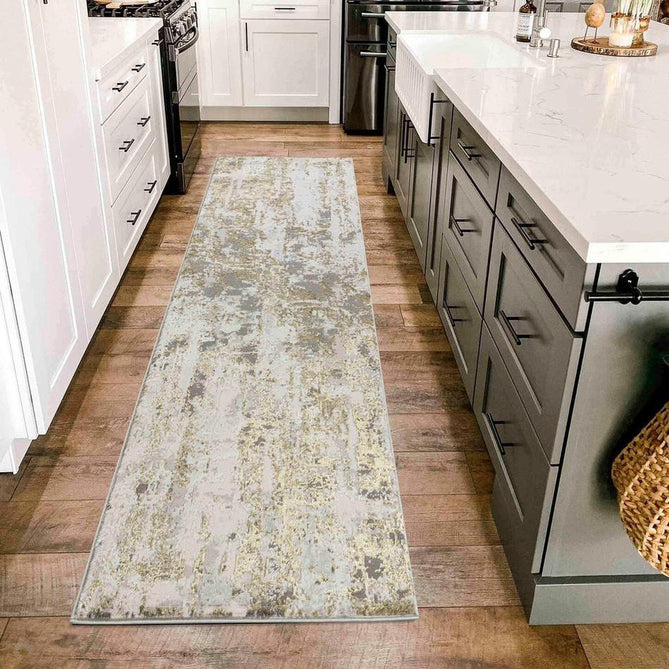 Emperor 320 Styra EMP20 Modern Abstract Distressed Metallic Shimmer Soft Textured Hi-Lo Polyblend Short Pile Gold Runner