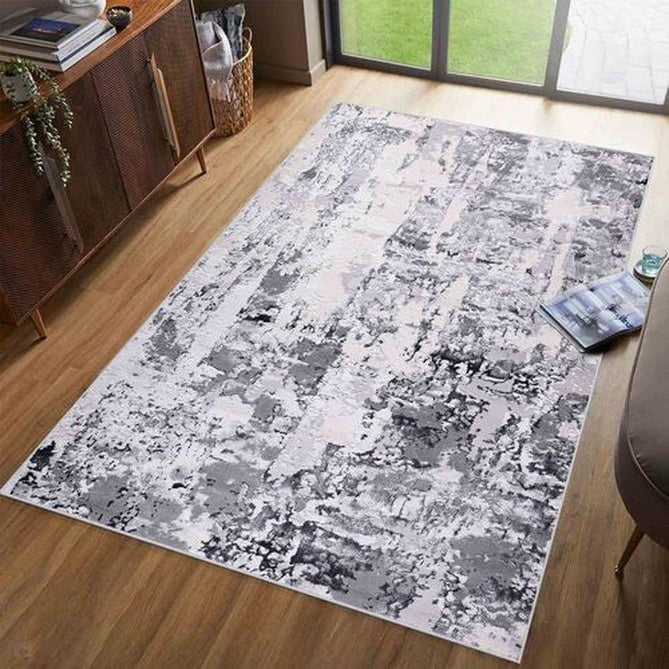 Emperor 320 Styra EMP20 Modern Abstract Distressed Metallic Shimmer Soft Textured Hi-Lo Polyblend Short Pile Silver Rug-Desire Rugs-Rug Love - The Most Loved Rug Store