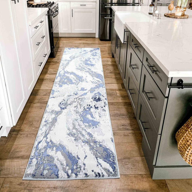 Emperor 325 Picasso EMP25 Modern Abstract Distressed Metallic Shimmer Soft Textured Hi-Lo Polyblend Short Pile Navy Runner