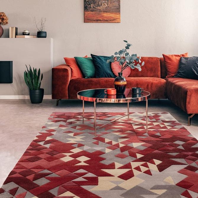 Enigma Modern Geometric 3D Hand-Carved High-Density Heavy-Weight Hi-Low Textured Soft Wool&Viscose Red/Grey/Cream/Beige/Multicolour Rug-Asiatic Carpets-Rug Love - The Most Loved Rug Store
