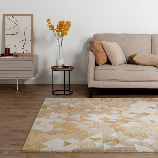 Enigma Modern Geometric 3D Shimmer Hand-Carved High-Density Heavy-Weight Hi-Low Textured Soft Wool&Viscose Gold/Beige/BrownMulticolour Rug-Asiatic Carpets-Rug Love - The Most Loved Rug Store