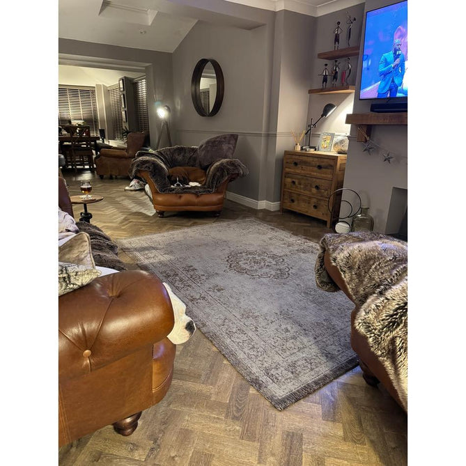 Louis De Poortere Fading World Medallion 8257 Grey Ebony Washable Polyester Flatweave Ebony Grey/Charcoal Black/Ash Grey/Bronze Brown/Pewter Eco-Rug