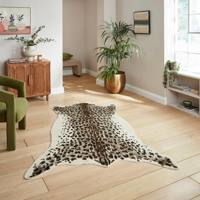 Faux Fur Leopard Print Soft White/Golden Tan/Warm Beige/Black/Chocolate Brown Rug-Think Rugs-Rug Love - The Most Loved Rug Store
