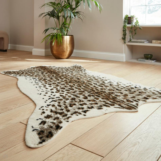 Faux Fur Leopard Print Soft White/Golden Tan/Warm Beige/Black/Chocolate Brown Rug-Think Rugs-Rug Love - The Most Loved Rug Store