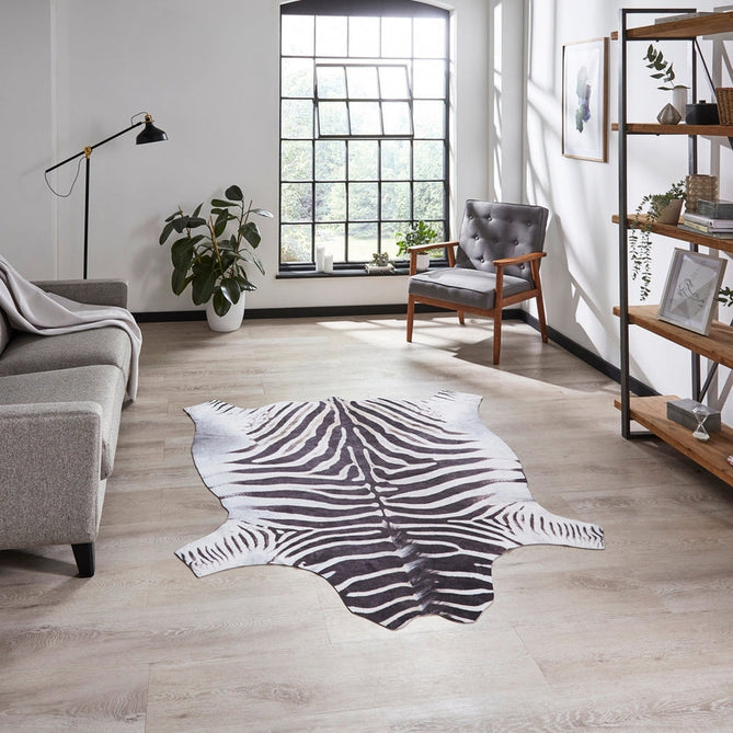 Faux Zebra Print Animal Skin Lightweight Printed Polyester Flatweave Black/White/Grey Rug-Think Rugs-Rug Love - The Most Loved Rug Store