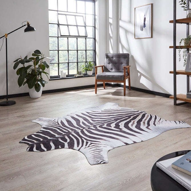 Faux Zebra Print Animal Skin Lightweight Printed Polyester Flatweave Black/White/Grey Rug-Think Rugs-Rug Love - The Most Loved Rug Store