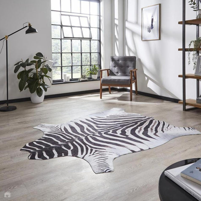 Faux Zebra Print Animal Skin Lightweight Printed Polyester Flatweave Black/White/Grey Rug-Think Rugs-Rug Love - The Most Loved Rug Store