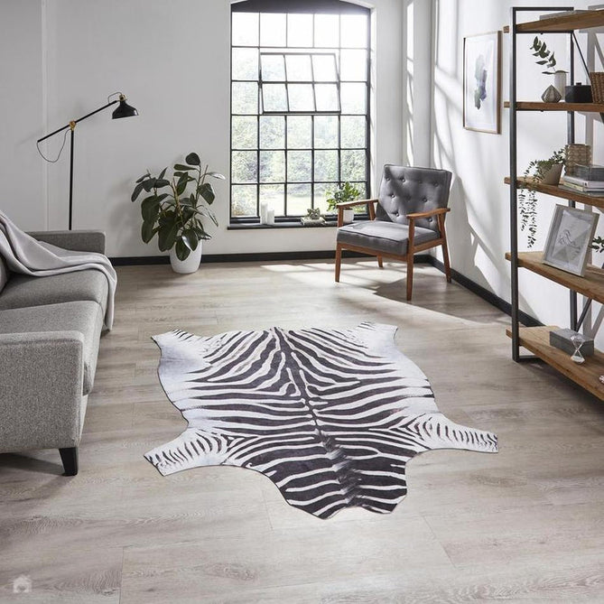 Faux Zebra Print Animal Skin Lightweight Printed Polyester Flatweave Black/White/Grey Rug-Think Rugs-Rug Love - The Most Loved Rug Store