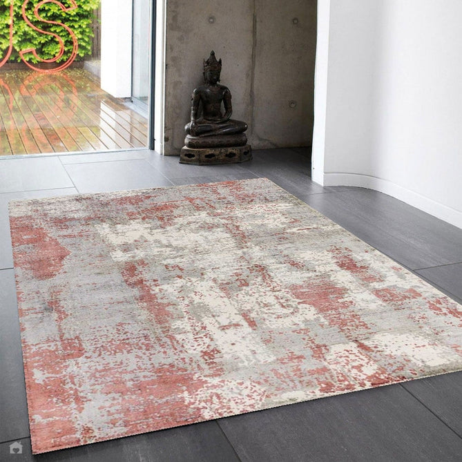 Gatsby Modern Abstract Distressed Metallic Shimmer Hand-Woven Textured Printed Viscose Flatweave Red/Grey/Cream Rug-Asiatic Carpets-Rug Love - The Most Loved Rug Store