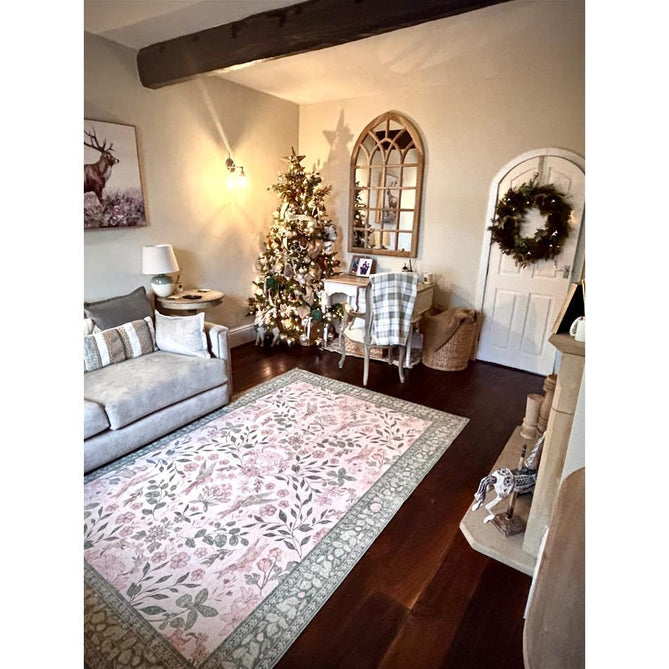 Washable Versailles H1423 Traditional Floral Border Distressed Soft Digitally Printed Lightweight Textured Polyester Flatweave Light Beige/Sage Green/Warm Rose Rug