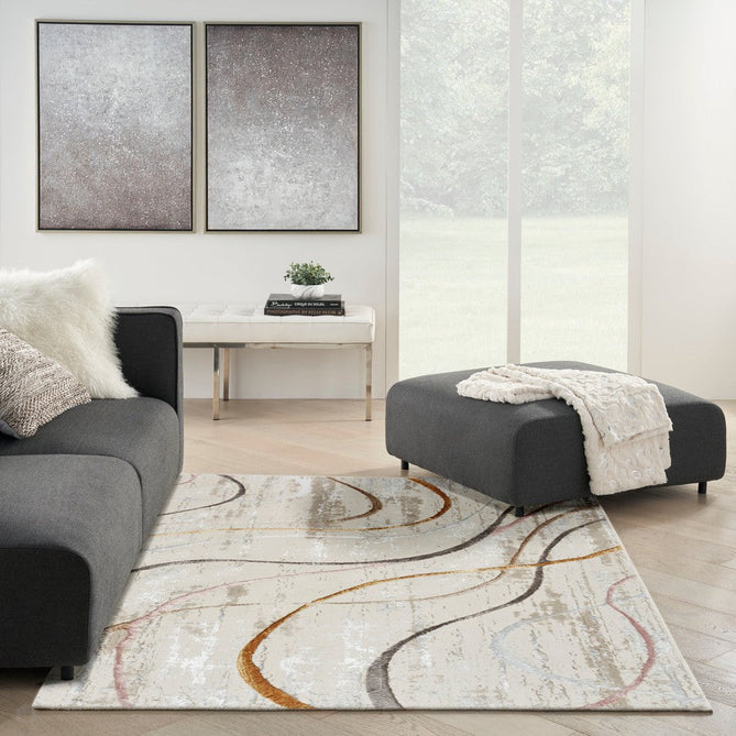 Glitz GLZ01 Modern Abstract Curvy Linear Distressed Metallic Shimmer Hi-Low Textured Soft-Touch Polyester Low Profile Short-Pile Ivory/Pink/Gold/Blue/Multicolour Rug-Nourison-Rug Love - The Most Loved Rug Store
