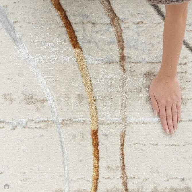 Glitz GLZ01 Modern Abstract Curvy Linear Distressed Metallic Shimmer Hi-Low Textured Soft-Touch Polyester Low Profile Short-Pile Ivory/Pink/Gold/Blue/Multicolour Runner-Nourison-Rug Love - The Most Loved Rug Store