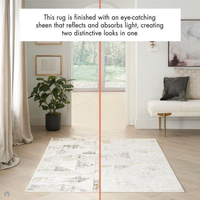 Glitz GLZ04 Modern Abstract Tiled Geometric Grid Distressed Metallic Shimmer Hi-Low Textured Soft-Touch Polyester Low Profile Short-Pile Ivory/Beige/Grey/Multicolour Rug-Nourison-Rug Love - The Most Loved Rug Store
