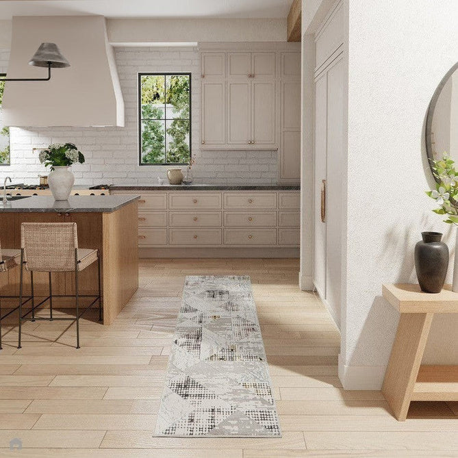 Glitz GLZ04 Modern Abstract Tiled Geometric Grid Distressed Metallic Shimmer Hi-Low Textured Soft-Touch Polyester Low Profile Short-Pile Ivory/Beige/Grey/Multicolour Rug-Nourison-Rug Love - The Most Loved Rug Store