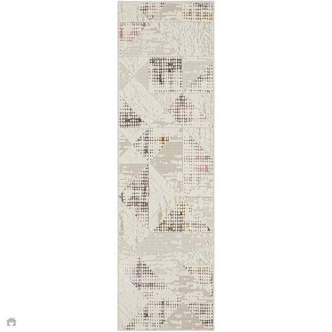 Glitz GLZ04 Modern Abstract Tiled Geometric Grid Distressed Metallic Shimmer Hi-Low Textured Soft-Touch Polyester Low Profile Short-Pile Ivory/Beige/Grey/Multicolour Rug-Nourison-Rug Love - The Most Loved Rug Store
