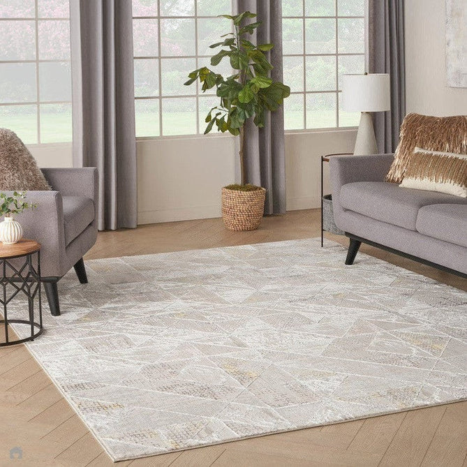 Glitz GLZ04 Modern Abstract Tiled Geometric Grid Distressed Metallic Shimmer Hi-Low Textured Soft-Touch Polyester Low Profile Short-Pile Ivory/Beige/Grey/Multicolour Rug-Nourison-Rug Love - The Most Loved Rug Store
