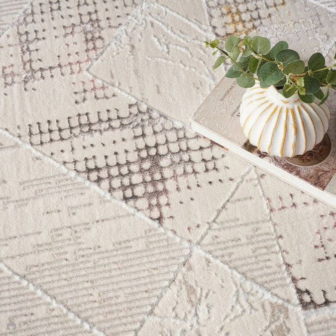 Glitz GLZ04 Modern Abstract Tiled Geometric Grid Distressed Metallic Shimmer Hi-Low Textured Soft-Touch Polyester Low Profile Short-Pile Ivory/Beige/Grey/Multicolour Rug-Nourison-Rug Love - The Most Loved Rug Store