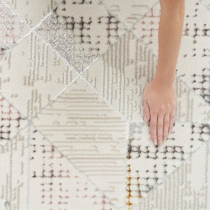 Glitz GLZ04 Modern Abstract Tiled Geometric Grid Distressed Metallic Shimmer Hi-Low Textured Soft-Touch Polyester Low Profile Short-Pile Ivory/Beige/Grey/Multicolour Runner-Nourison-Rug Love - The Most Loved Rug Store