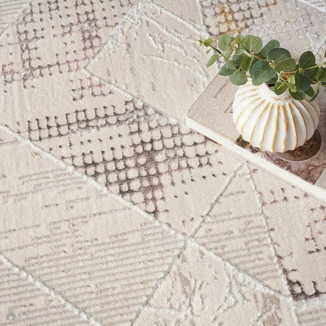 Glitz GLZ04 Modern Abstract Tiled Geometric Grid Distressed Metallic Shimmer Hi-Low Textured Soft-Touch Polyester Low Profile Short-Pile Ivory/Beige/Grey/Multicolour Runner-Nourison-Rug Love - The Most Loved Rug Store