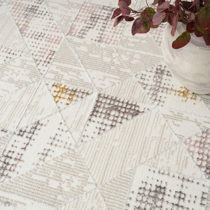 Glitz GLZ04 Modern Abstract Tiled Geometric Grid Distressed Metallic Shimmer Hi-Low Textured Soft-Touch Polyester Low Profile Short-Pile Ivory/Beige/Grey/Multicolour Runner-Nourison-Rug Love - The Most Loved Rug Store