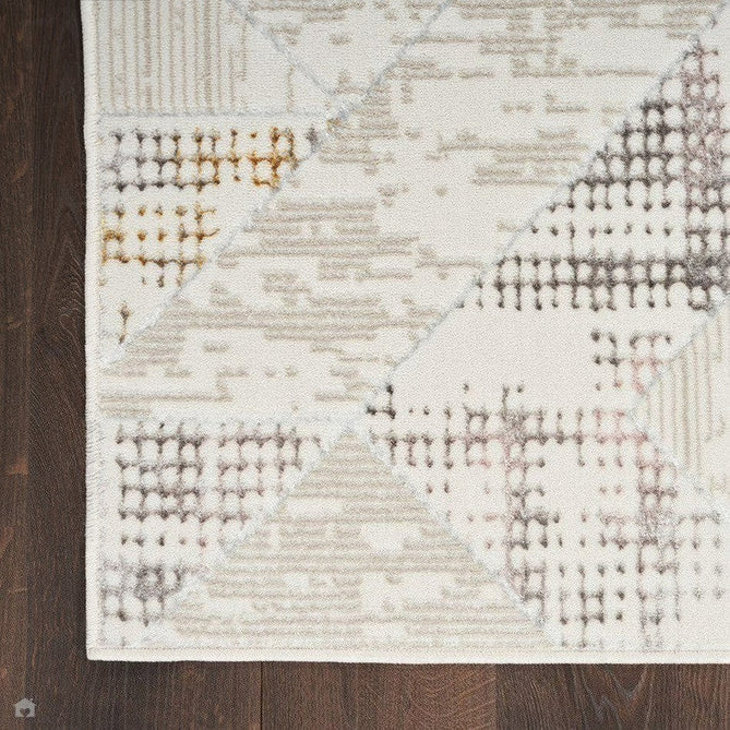 Glitz GLZ04 Modern Abstract Tiled Geometric Grid Distressed Metallic Shimmer Hi-Low Textured Soft-Touch Polyester Low Profile Short-Pile Ivory/Beige/Grey/Multicolour Runner-Nourison-Rug Love - The Most Loved Rug Store