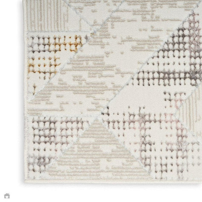 Glitz GLZ04 Modern Abstract Tiled Geometric Grid Distressed Metallic Shimmer Hi-Low Textured Soft-Touch Polyester Low Profile Short-Pile Ivory/Beige/Grey/Multicolour Runner-Nourison-Rug Love - The Most Loved Rug Store
