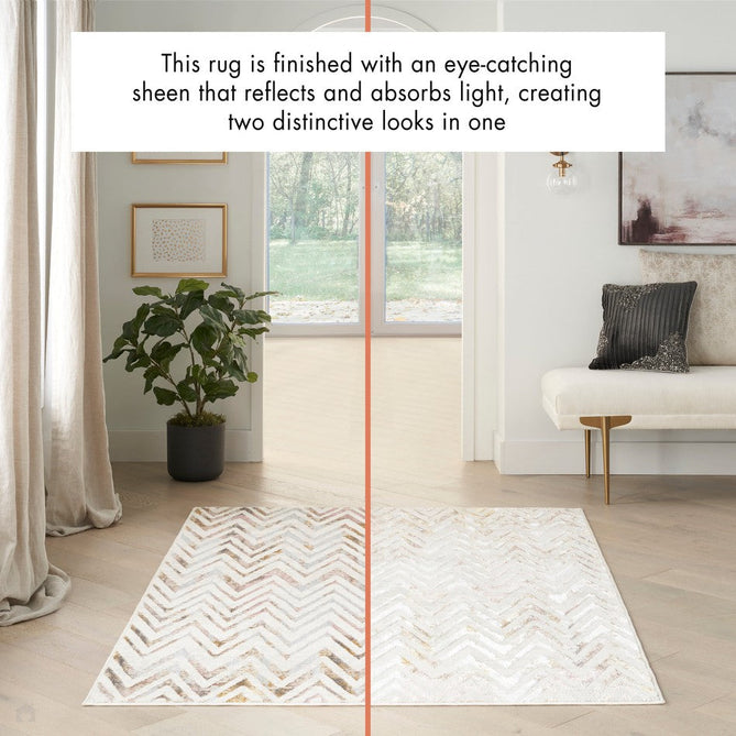 Glitz GLZ05 Modern Geometric Chevron Distressed Metallic Shimmer Hi-Low Textured Soft-Touch Polyester Low Profile Short-Pile Beige/Ivory/Grey/Multicolour Rug-Nourison-Rug Love - The Most Loved Rug Store