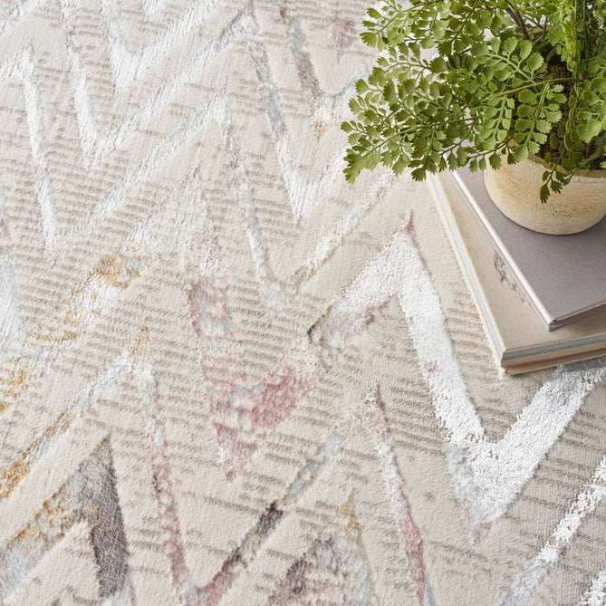Glitz GLZ05 Modern Geometric Chevron Distressed Metallic Shimmer Hi-Low Textured Soft-Touch Short-Pile Polyester Beige/Ivory/Grey/Multicolour Runner-Nourison-Rug Love - The Most Loved Rug Store