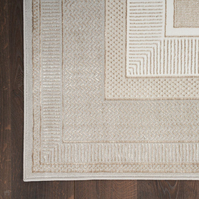 Glitz GLZ07 Modern Abstract Geometric Border Distressed Metallic Shimmer Hi-Low Textured Soft-Touch Polyester Low Profile Short-Pile Ivory/Beige Rug-Nourison-Rug Love - The Most Loved Rug Store
