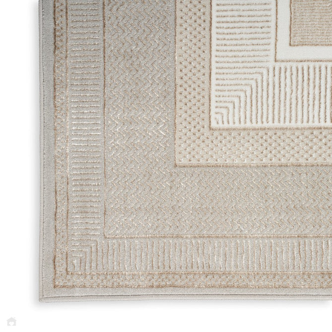 Glitz GLZ07 Modern Abstract Geometric Border Distressed Metallic Shimmer Hi-Low Textured Soft-Touch Polyester Low Profile Short-Pile Ivory/Beige Rug-Nourison-Rug Love - The Most Loved Rug Store