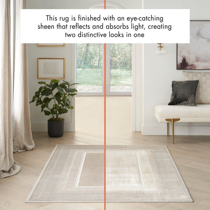 Glitz GLZ07 Modern Abstract Geometric Border Distressed Metallic Shimmer Hi-Low Textured Soft-Touch Polyester Low Profile Short-Pile Ivory/Beige Rug-Nourison-Rug Love - The Most Loved Rug Store