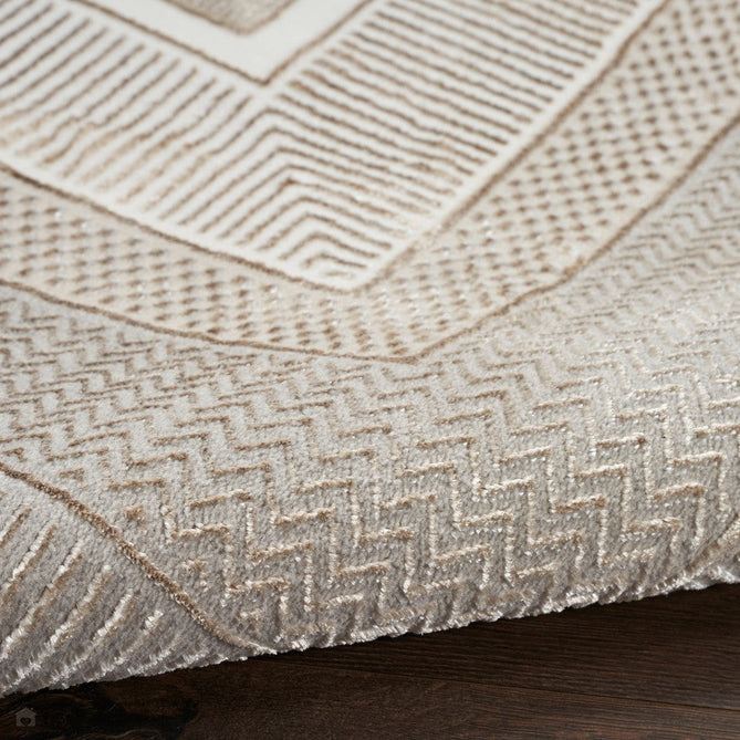 Glitz GLZ07 Modern Abstract Geometric Border Distressed Metallic Shimmer Hi-Low Textured Soft-Touch Polyester Low Profile Short-Pile Ivory/Beige Rug-Nourison-Rug Love - The Most Loved Rug Store