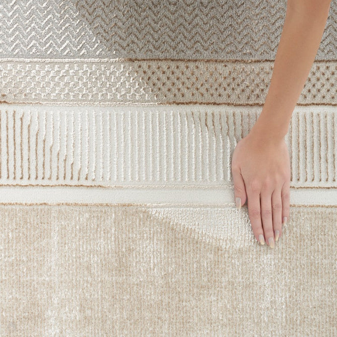 Glitz GLZ07 Modern Abstract Geometric Border Distressed Metallic Shimmer Hi-Low Textured Soft-Touch Polyester Low Profile Short-Pile Ivory/Beige Rug-Nourison-Rug Love - The Most Loved Rug Store