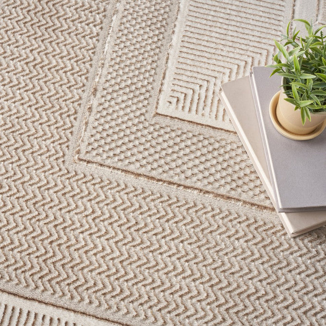 Glitz GLZ07 Modern Abstract Geometric Border Distressed Metallic Shimmer Hi-Low Textured Soft-Touch Polyester Low Profile Short-Pile Ivory/Beige Runner-Nourison-Rug Love - The Most Loved Rug Store