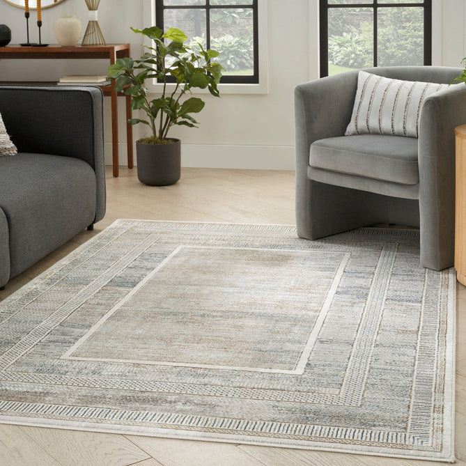 Glitz GLZ07 Modern Abstract Geometric Border Distressed Metallic Shimmer Hi-Low Textured Soft-Touch Polyester Low Profile Short-Pile Ivory/Beige/Taupe/Blue Rug-Nourison-Rug Love - The Most Loved Rug Store