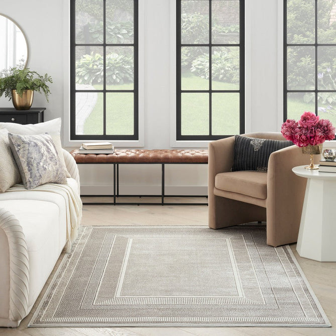 Glitz GLZ07 Modern Abstract Geometric Border Distressed Metallic Shimmer Hi-Low Textured Soft-Touch Polyester Low Profile Short-Pile Silver Rug-Nourison-Rug Love - The Most Loved Rug Store