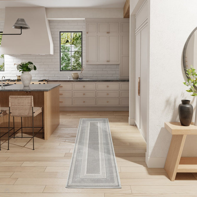 Glitz GLZ07 Modern Abstract Geometric Border Distressed Metallic Shimmer Hi-Low Textured Soft-Touch Short-Pile Polyester Silver Runner-Nourison-Rug Love - The Most Loved Rug Store
