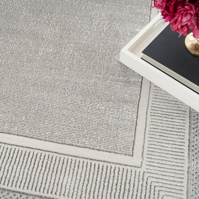 Glitz GLZ07 Modern Abstract Geometric Border Distressed Metallic Shimmer Hi-Low Textured Soft-Touch Short-Pile Polyester Silver Runner-Nourison-Rug Love - The Most Loved Rug Store