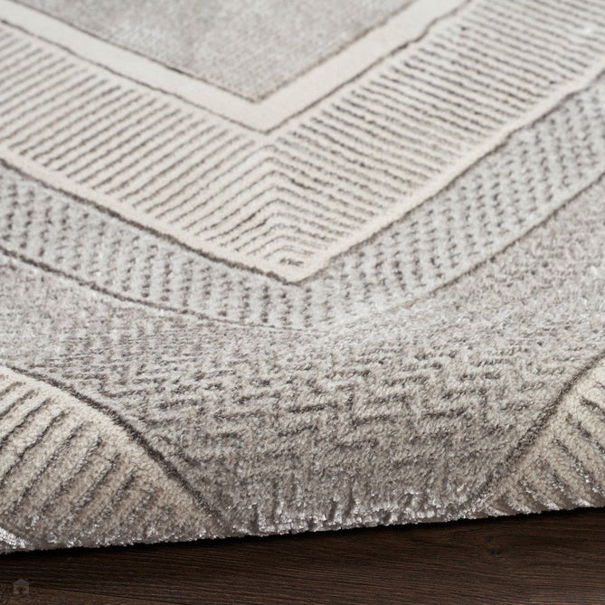 Glitz GLZ07 Modern Abstract Geometric Border Distressed Metallic Shimmer Hi-Low Textured Soft-Touch Short-Pile Polyester Silver Runner-Nourison-Rug Love - The Most Loved Rug Store