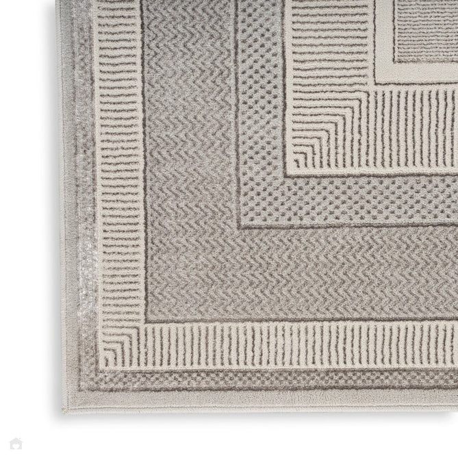 Glitz GLZ07 Modern Abstract Geometric Border Distressed Metallic Shimmer Hi-Low Textured Soft-Touch Short-Pile Polyester Silver Runner-Nourison-Rug Love - The Most Loved Rug Store