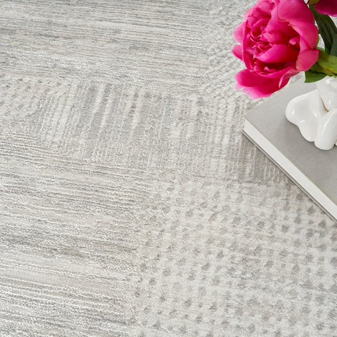 Glitz GLZ09 Modern Abstract Geometric Patchwork Distressed Metallic Shimmer Hi-Low Textured Soft-Touch Short-Pile Polyester Silver/Grey Runner-Nourison-Rug Love - The Most Loved Rug Store