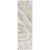 Glitz GLZ21 Modern Abstract Marbled Curve Distressed Metallic Shimmer Hi-Low Textured Soft-Touch Polyester Grey/Gold Runner