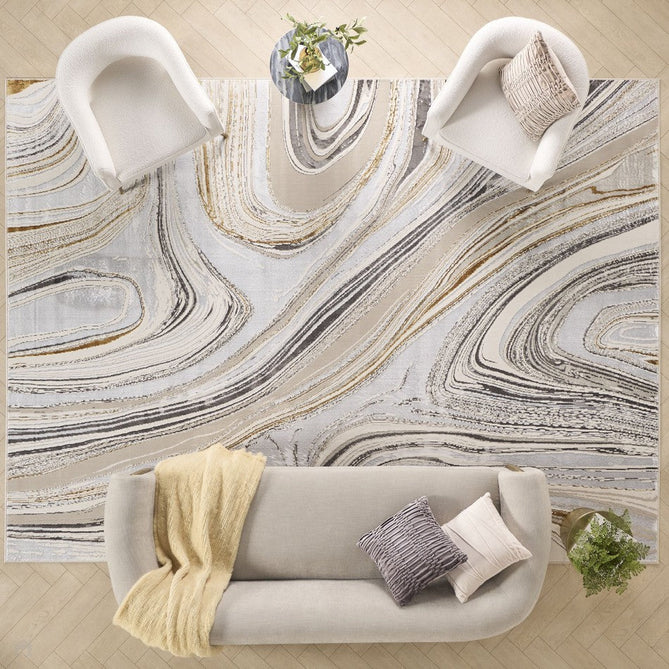 Glitz GLZ21 Modern Abstract Marbled Curve Distressed Metallic Shimmer Hi-Low Textured Soft-Touch Polyester Low Profile Short-Pile Grey/Gold Rug-Nourison-Rug Love - The Most Loved Rug Store