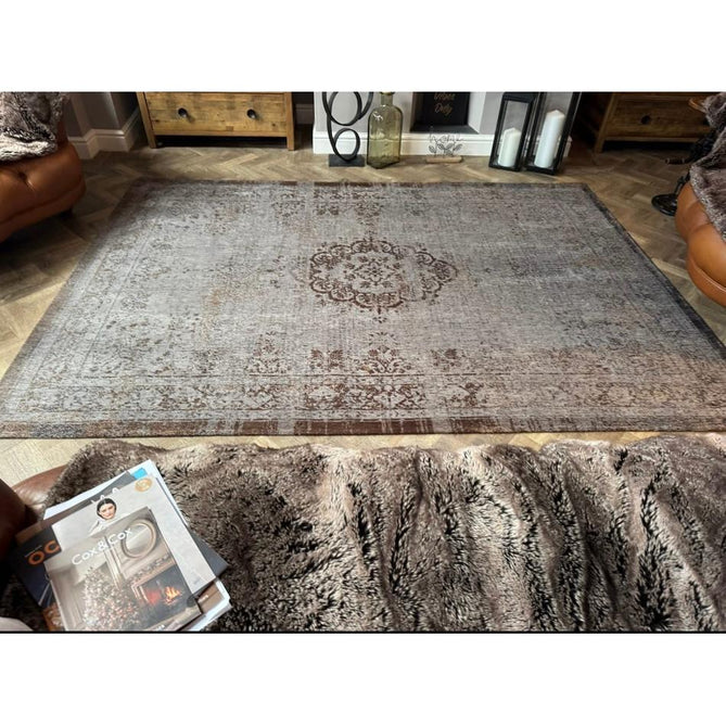 Louis De Poortere Fading World Medallion 8257 Grey Ebony Washable Polyester Flatweave Ebony Grey/Charcoal Black/Ash Grey/Bronze Brown/Pewter Eco-Rug