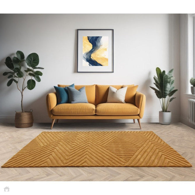 Hague Modern Plain Geometric Hand-Carved Hi-Low 3D Ridged Cut & Loop Pile Textured Wool Ochre Rug-Asiatic Carpets-Rug Love - The Most Loved Rug Store