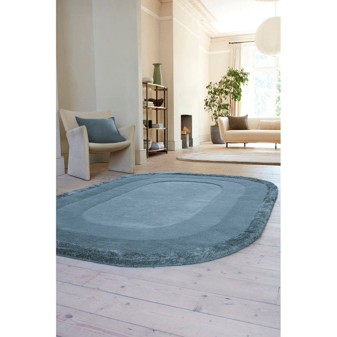 Halo Modern Plain Graduating Ombre Hand-Carved Hi-Low Textured Matt Wool Contrast Viscose Shimmer Border Denim Blue Oval Rug-Asiatic Carpets-Rug Love - The Most Loved Rug Store