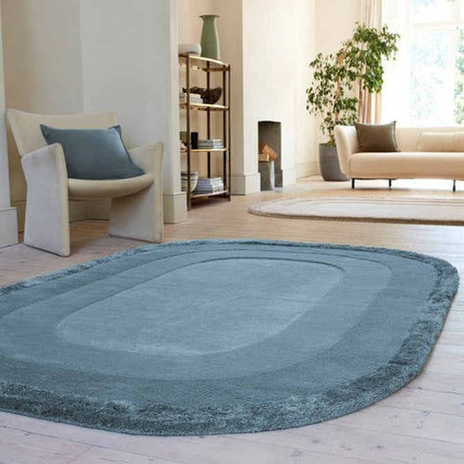 Halo Modern Plain Graduating Ombre Hand-Carved Hi-Low Textured Matt Wool Contrast Viscose Shimmer Border Denim Blue Oval Rug-Asiatic Carpets-Rug Love - The Most Loved Rug Store