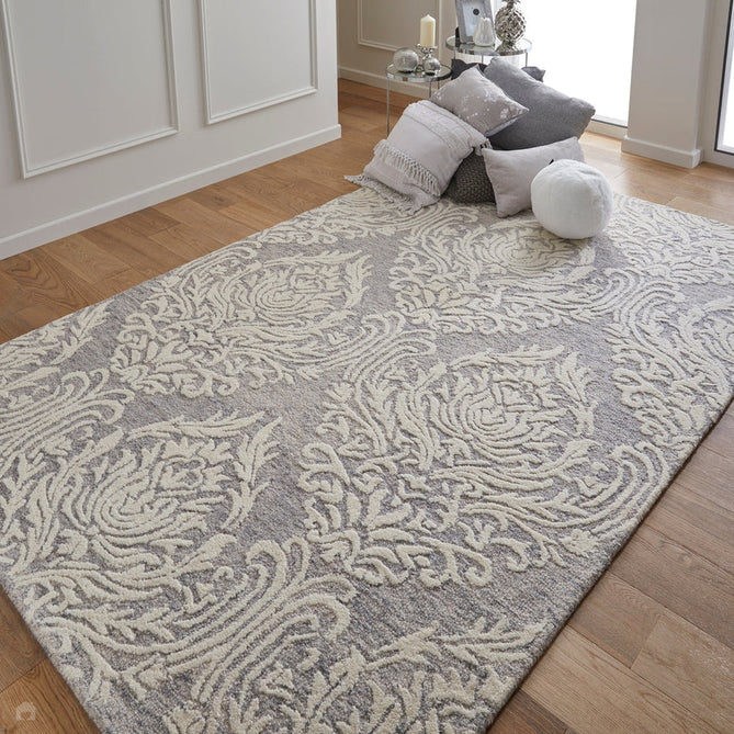 Hampton Damask Modern Abstract Distressed Hand-Woven Textured Wool Loop Pile Grey/Ivory Rug-Melrose-Rug Love - The Most Loved Rug Store