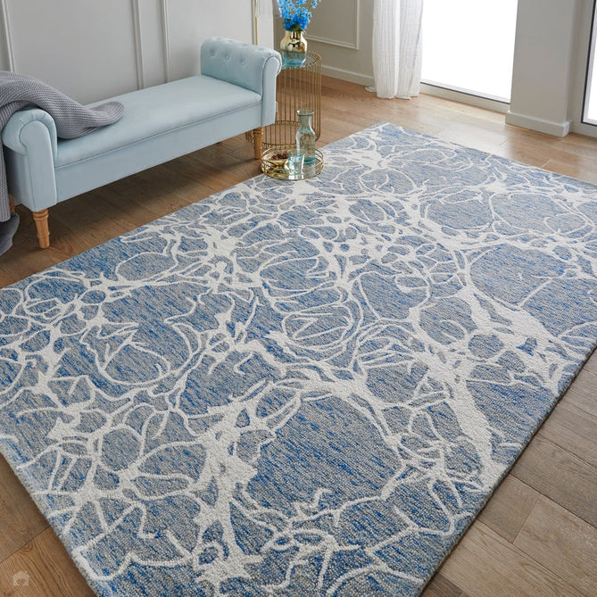Hampton Sophie Modern Abstract Distressed Hand-Woven Textured Wool Loop Pile Blue/Ivory/Grey/Beige Rug-Melrose-Rug Love - The Most Loved Rug Store